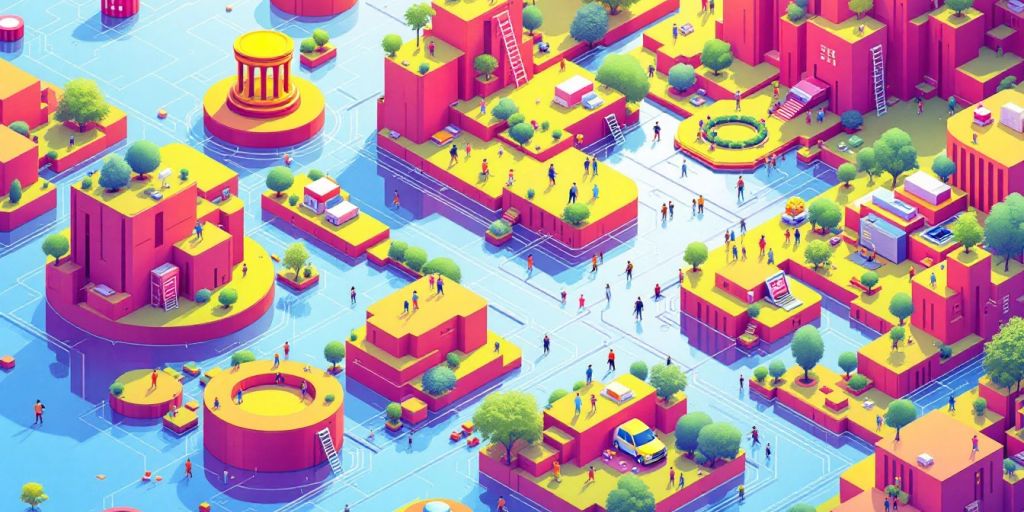 Isometric digital landscape illustrating domain authority in SEO.